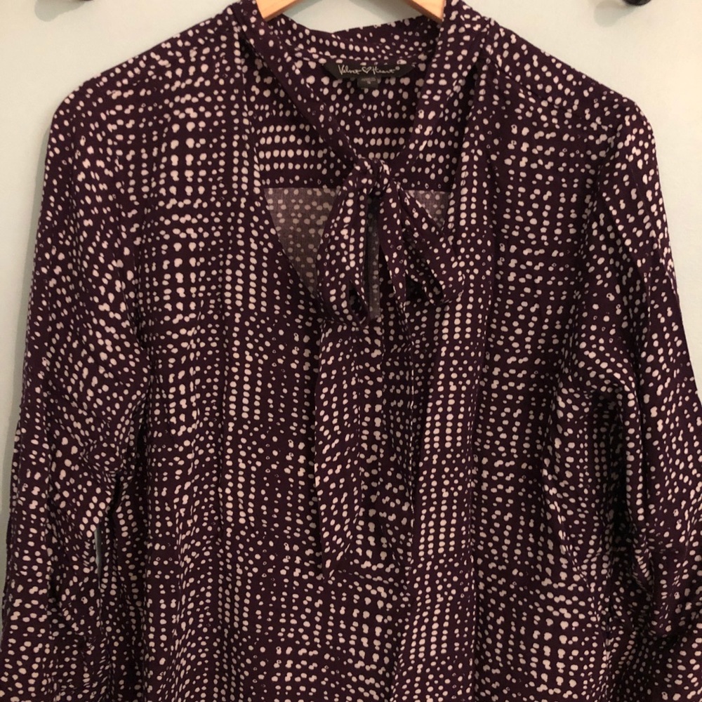 Plum and white dot blouse with bow tie detail